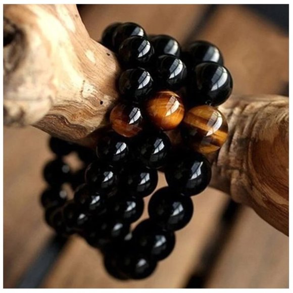 10mm Black Onyx Energy Tiger Eye Accent Stretch Bracelet - Picture 6 of 11